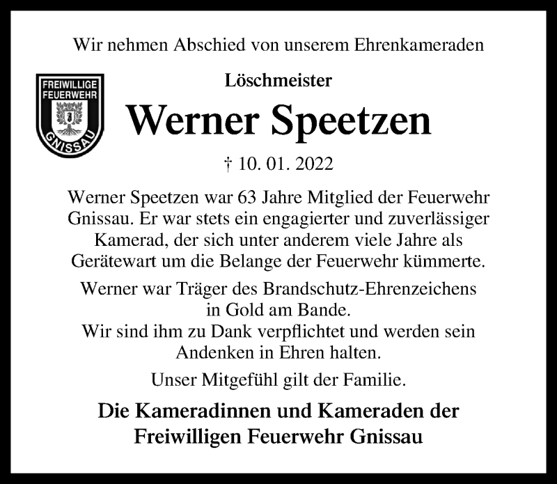  Traueranzeige für Werner Speetzen vom 14.01.2022 aus Lübecker Nachrichten