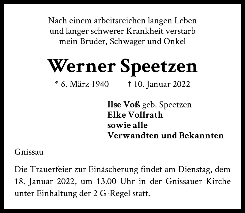  Traueranzeige für Werner Speetzen vom 14.01.2022 aus Lübecker Nachrichten