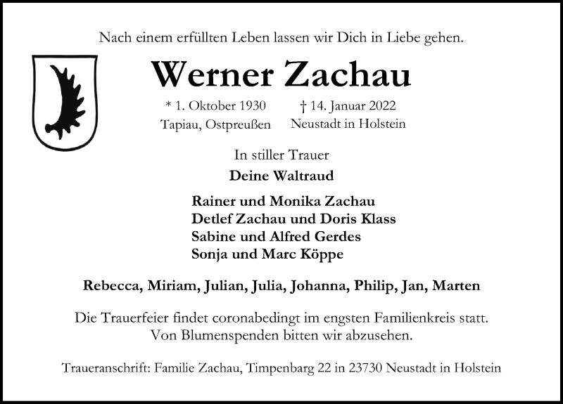  Traueranzeige für Werner Zachau vom 19.01.2022 aus Lübecker Nachrichten