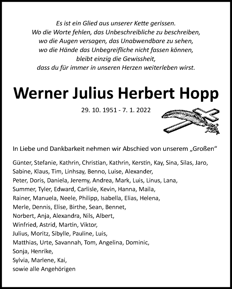  Traueranzeige für Werner Julius Herbert Hopp vom 16.01.2022 aus Lübecker Nachrichten