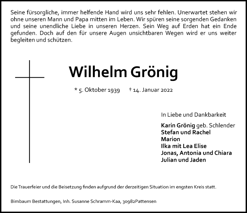  Traueranzeige für Wilhelm Grönig vom 22.01.2022 aus Hannoversche Allgemeine Zeitung/Neue Presse