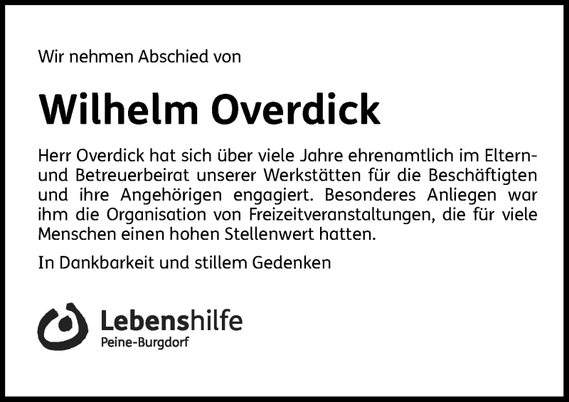  Traueranzeige für Wilhelm Overdick vom 15.01.2022 aus Peiner Allgemeine Zeitung