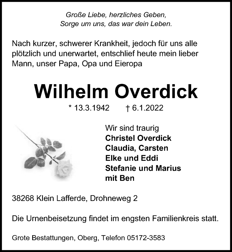  Traueranzeige für Wilhelm Overdick vom 08.01.2022 aus Peiner Allgemeine Zeitung