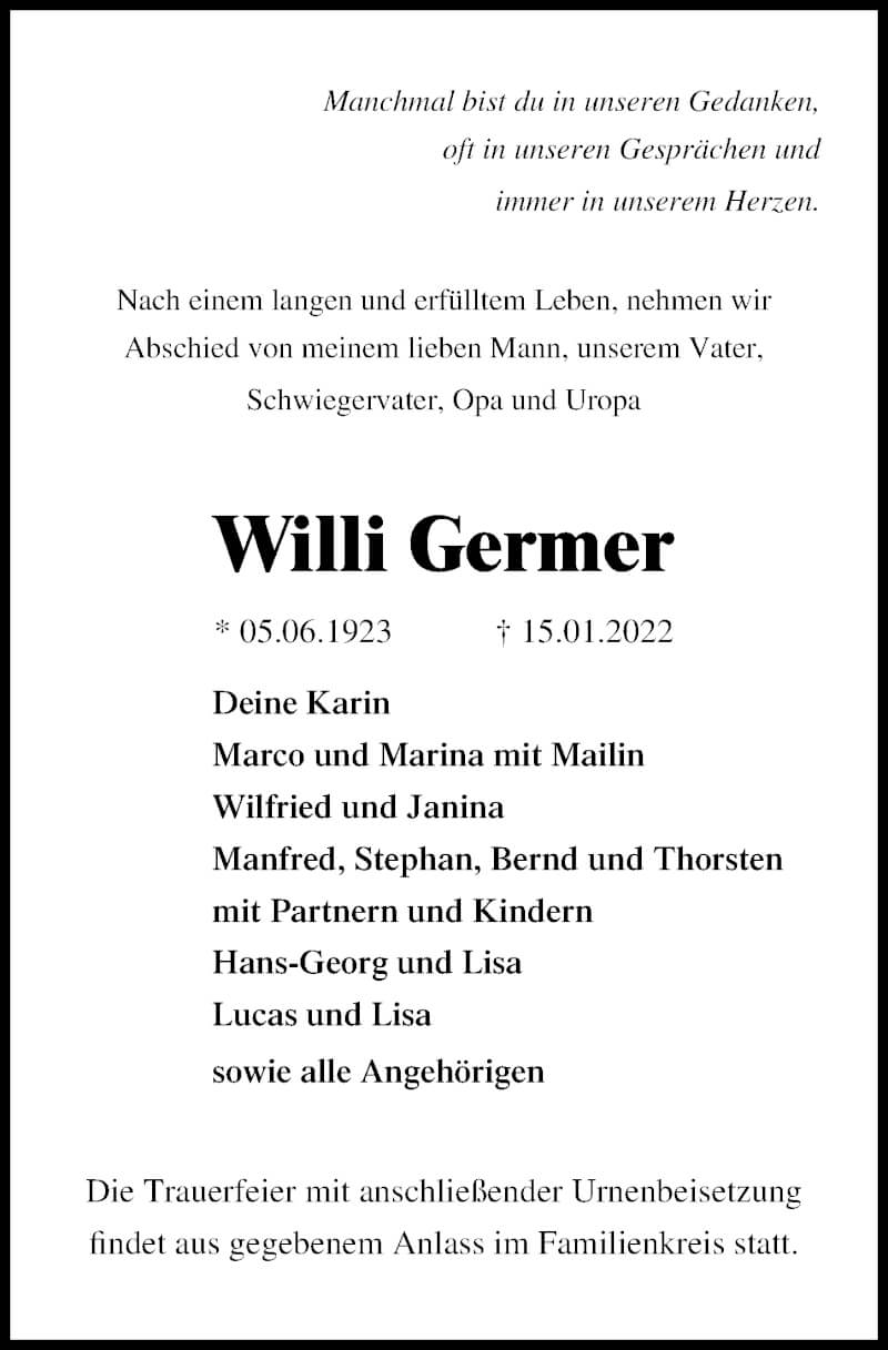  Traueranzeige für Willi Germer vom 23.01.2022 aus Lübecker Nachrichten