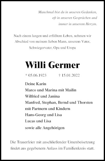 Traueranzeige von Willi Germer von Lübecker Nachrichten