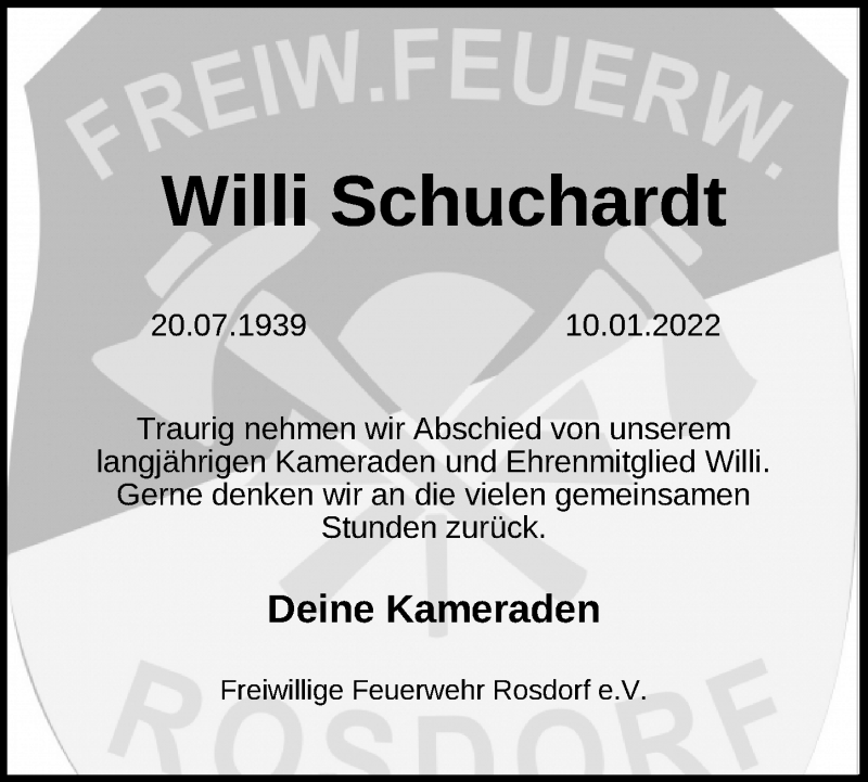  Traueranzeige für Willi Schuchardt vom 15.01.2022 aus Göttinger Tageblatt