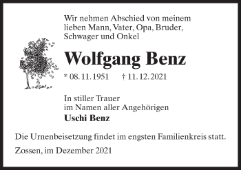 Traueranzeige von Wolfgang Benz von Märkischen Allgemeine Zeitung