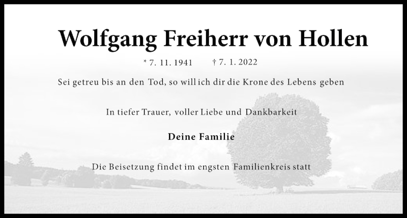  Traueranzeige für Wolfgang Freiherr von Hollen vom 13.01.2022 aus Kieler Nachrichten