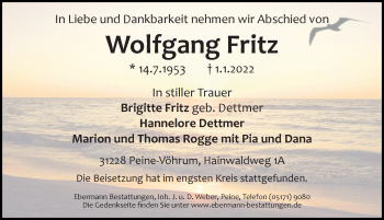 Traueranzeige von Wolfgang Fritz von Peiner Allgemeine Zeitung