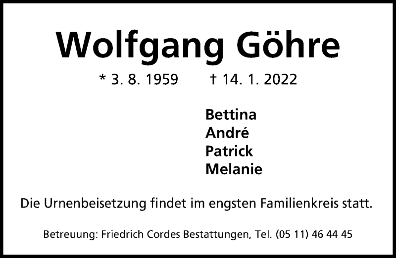  Traueranzeige für Wolfgang Göhre vom 22.01.2022 aus Hannoversche Allgemeine Zeitung/Neue Presse