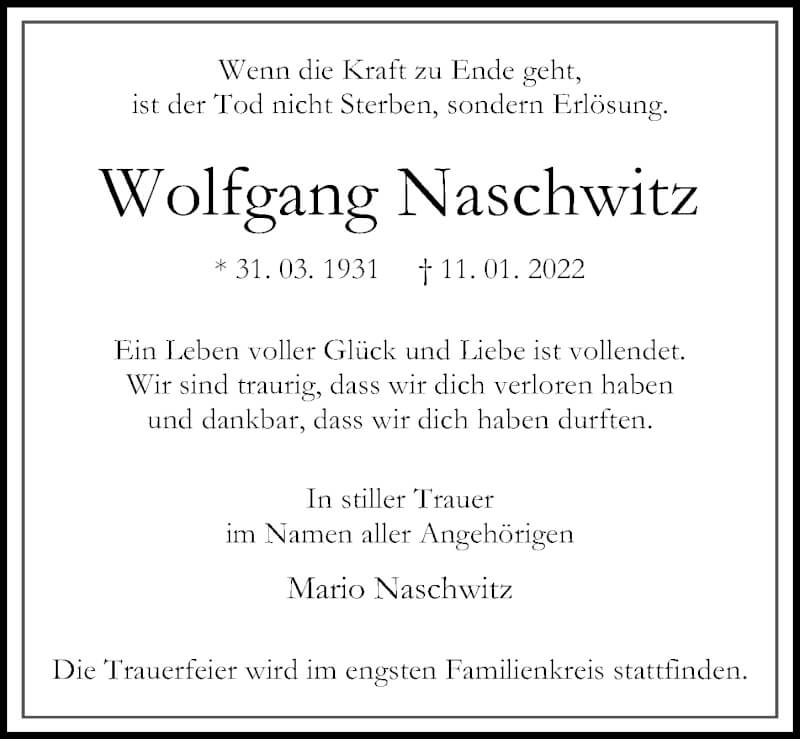  Traueranzeige für Wolfgang Naschwitz vom 15.01.2022 aus Märkischen Allgemeine Zeitung