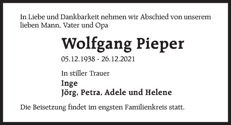  Traueranzeige für Wolfgang Pieper vom 08.01.2022 aus Märkischen Allgemeine Zeitung