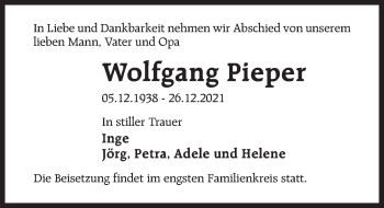 Traueranzeige von Wolfgang Pieper von Märkischen Allgemeine Zeitung