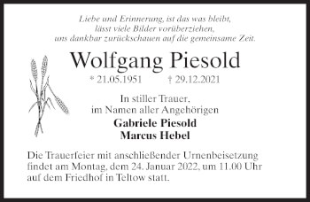 Traueranzeige von Wolfgang Piesold von Märkischen Allgemeine Zeitung
