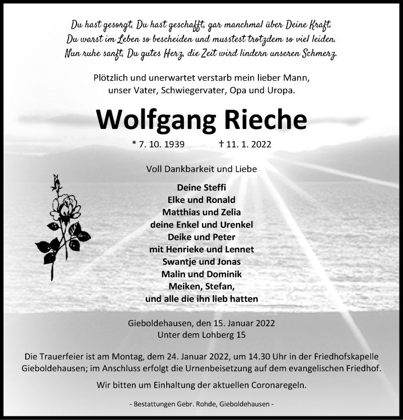  Traueranzeige für Wolfgang Rieche vom 15.01.2022 aus Eichsfelder Tageblatt
