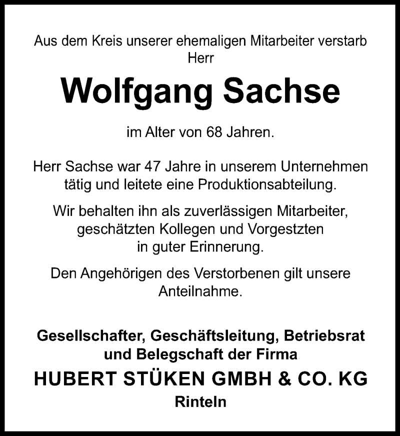  Traueranzeige für Wolfgang Sachse vom 15.01.2022 aus Schaumburger Nachrichten