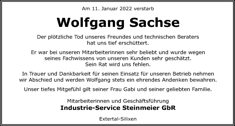 Traueranzeige für Wolfgang Sachse vom 15.01.2022 aus Schaumburger Nachrichten