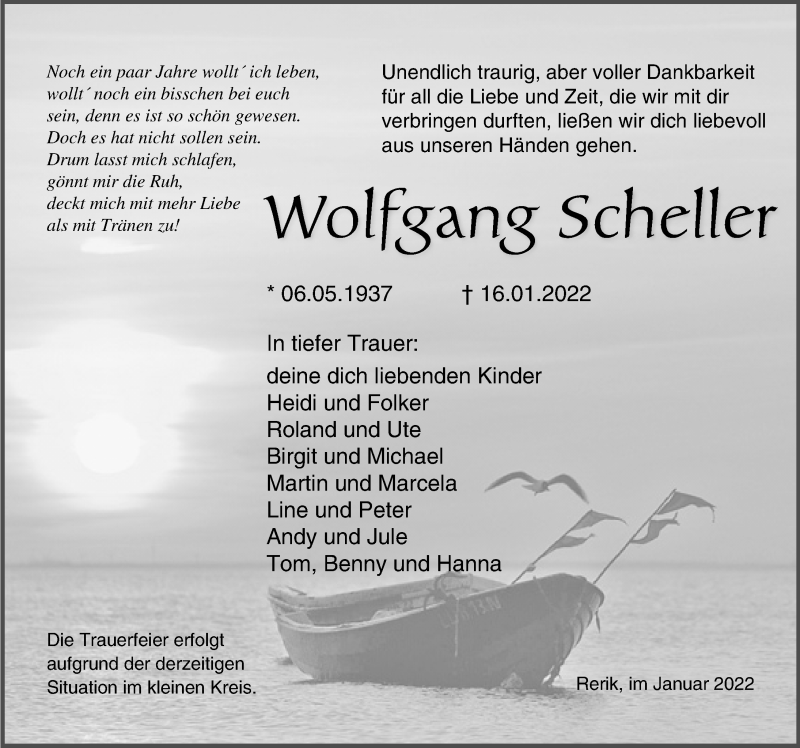  Traueranzeige für Wolfgang Scheller vom 22.01.2022 aus Ostsee-Zeitung GmbH