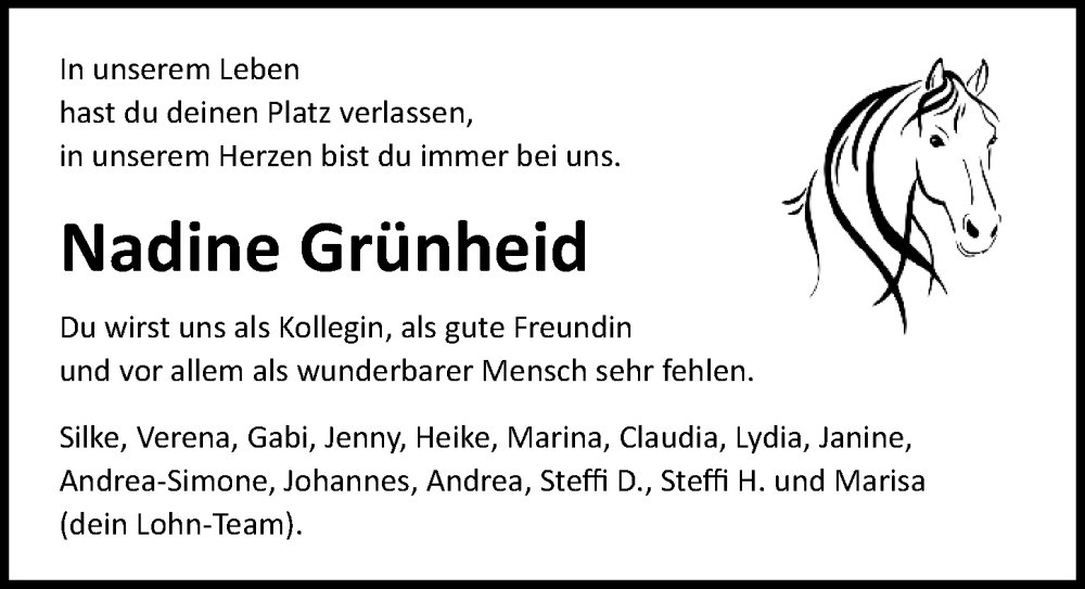  Traueranzeige für Nadine Grünheid vom 28.09.2022 aus Ostsee-Zeitung GmbH & Co. KG