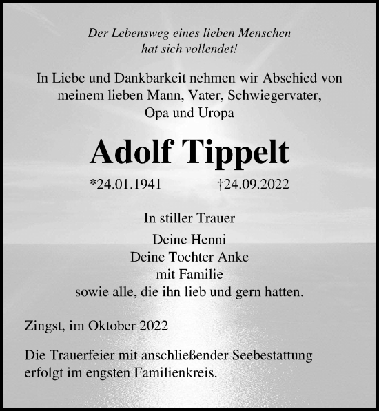 Traueranzeige von Adolf Tippelt von Ostsee-Zeitung GmbH