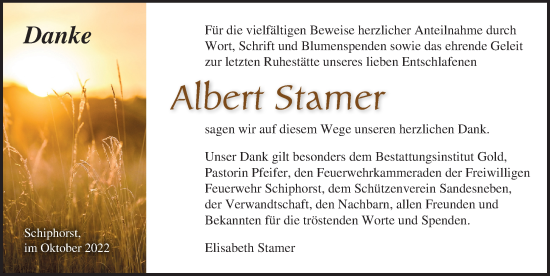 Traueranzeige von Albert Stamer von Lübecker Nachrichten