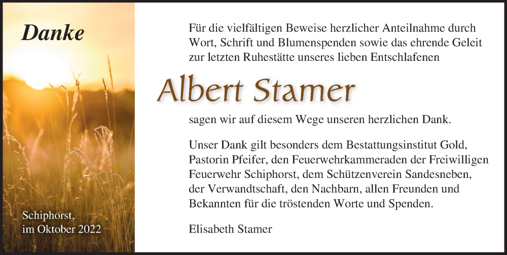  Traueranzeige für Albert Stamer vom 22.10.2022 aus Lübecker Nachrichten