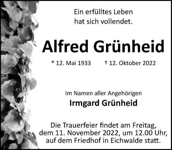 Traueranzeige von Alfred Grünheid von Märkischen Allgemeine Zeitung