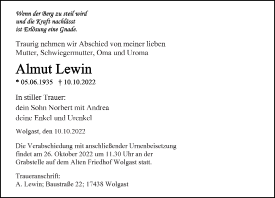 Traueranzeige von Almut Lewin von Ostsee-Zeitung GmbH