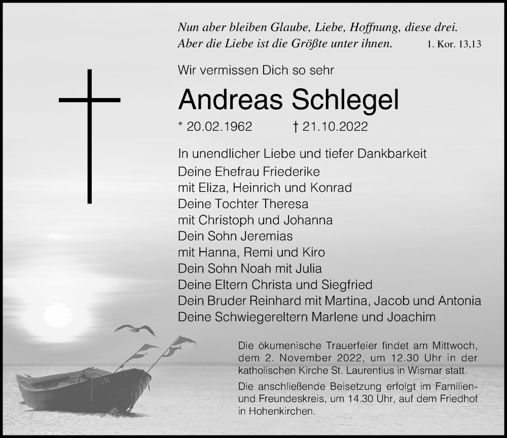  Traueranzeige für Andreas Schlegel vom 29.10.2022 aus Ostsee-Zeitung GmbH