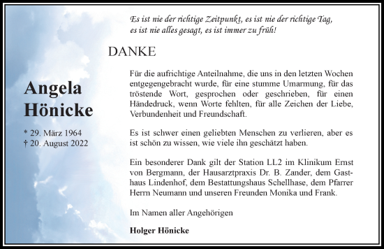 Traueranzeige von Angela Hönicke von Märkischen Allgemeine Zeitung