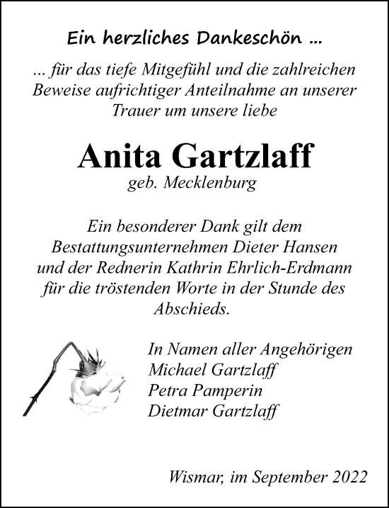 Traueranzeige von Anita Gartzlaff von Ostsee-Zeitung GmbH