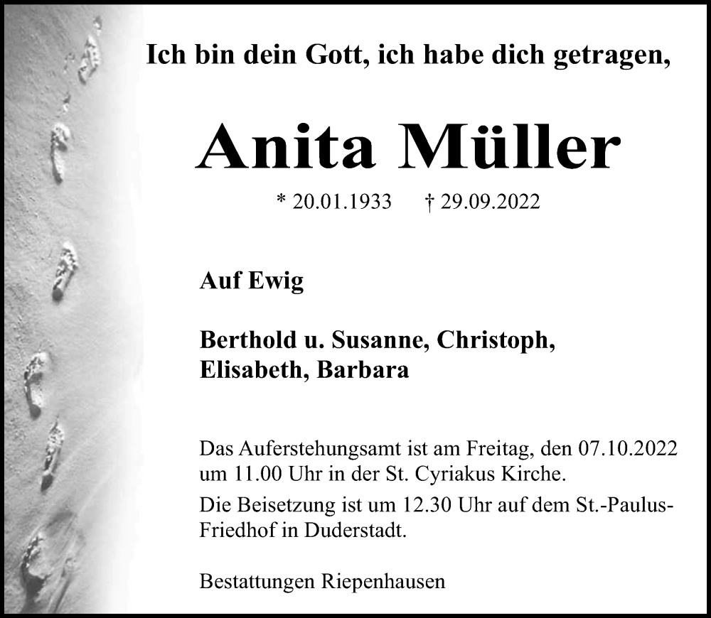  Traueranzeige für Anita Müller vom 04.10.2022 aus Eichsfelder Tageblatt