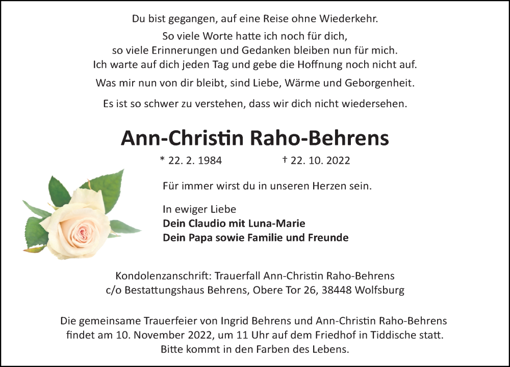  Traueranzeige für Ann-Christin Raho-Behrens vom 27.10.2022 aus Aller Zeitung