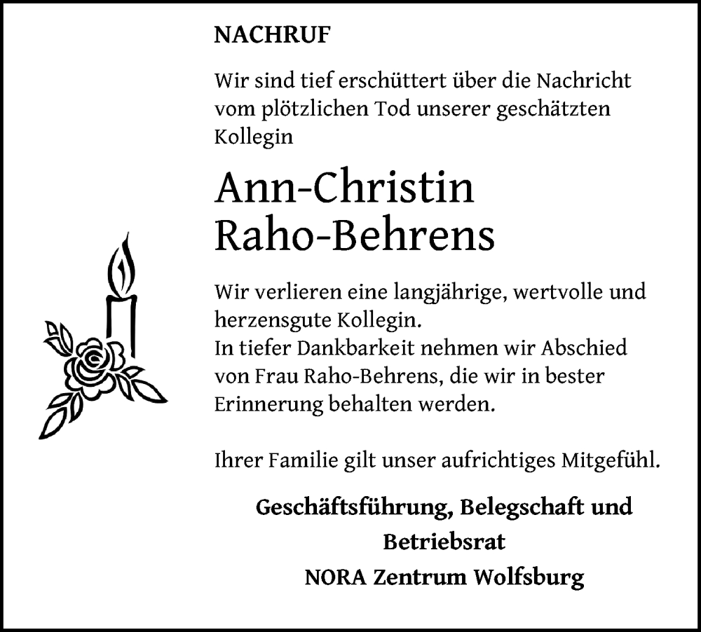  Traueranzeige für Ann-Christin Raho-Behrens vom 29.10.2022 aus Aller Zeitung