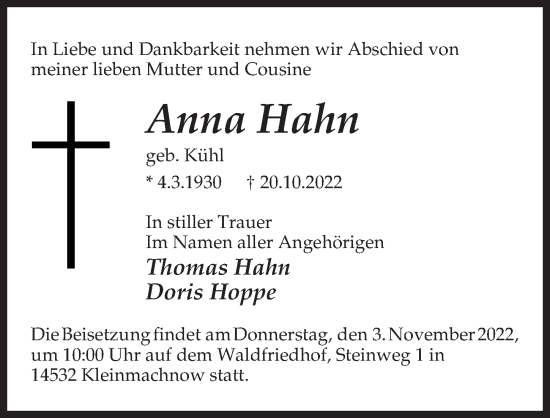 Traueranzeige von Anna Hahn von Märkischen Allgemeine Zeitung