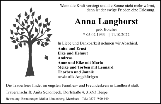 Traueranzeige von Anna Langhorst von Schaumburger Nachrichten