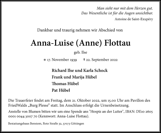 Traueranzeige von Anna-Luise  Flottau von Göttinger Tageblatt