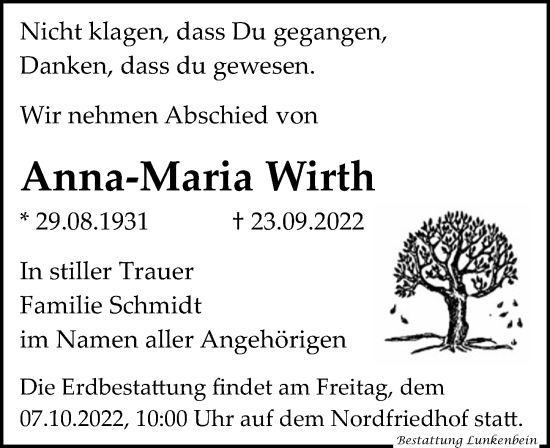 Traueranzeige von Anna-Maria Wirth von Leipziger Volkszeitung