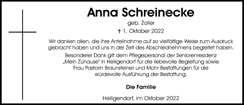  Traueranzeige für Anna Schreinecke vom 22.10.2022 aus Aller Zeitung