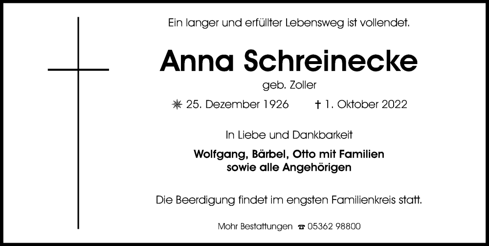  Traueranzeige für Anna Schreinecke vom 05.10.2022 aus Aller Zeitung