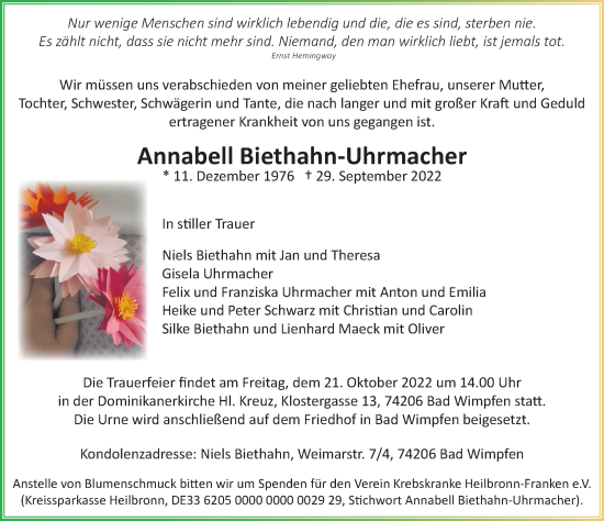 Traueranzeige von Annabell Biethahn-Uhrmacher von Göttinger Tageblatt