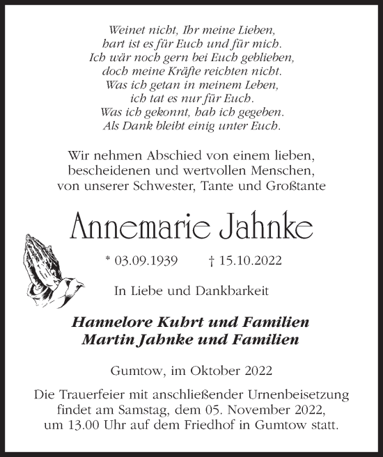 Traueranzeige von Annemarie Jahnke von Märkischen Allgemeine Zeitung