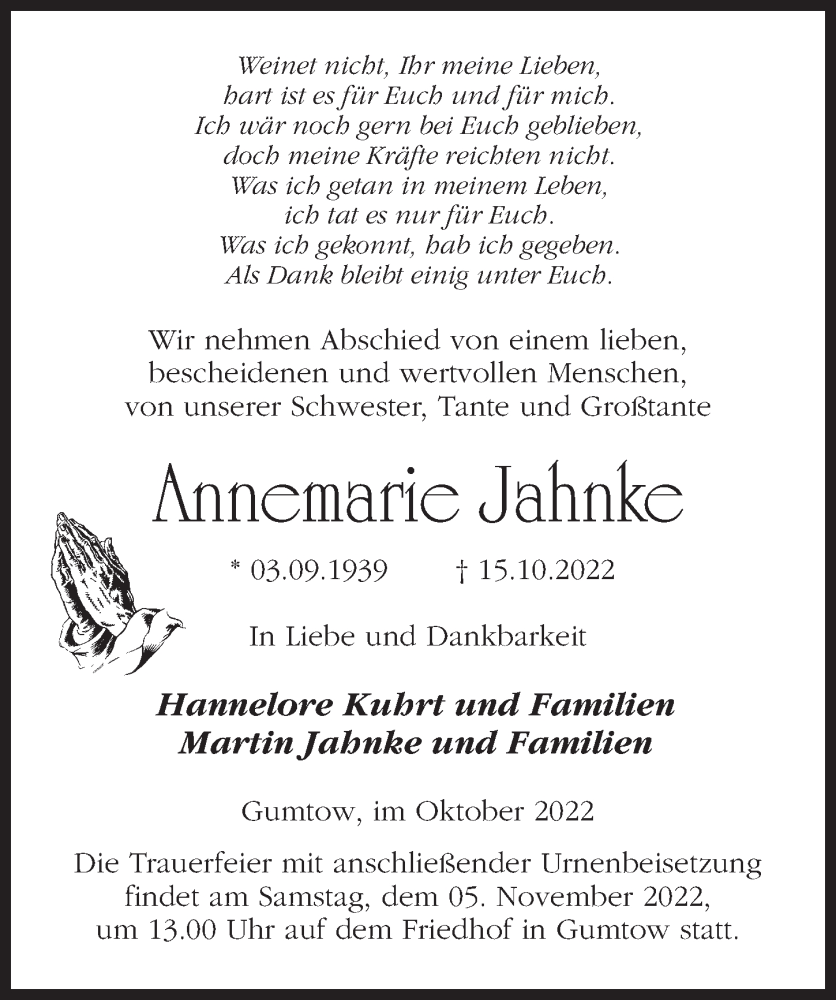  Traueranzeige für Annemarie Jahnke vom 22.10.2022 aus Märkischen Allgemeine Zeitung