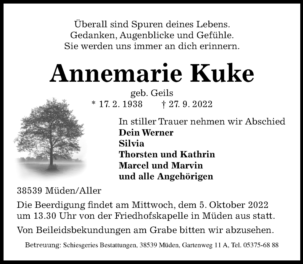  Traueranzeige für Annemarie Kuke vom 01.10.2022 aus Aller Zeitung
