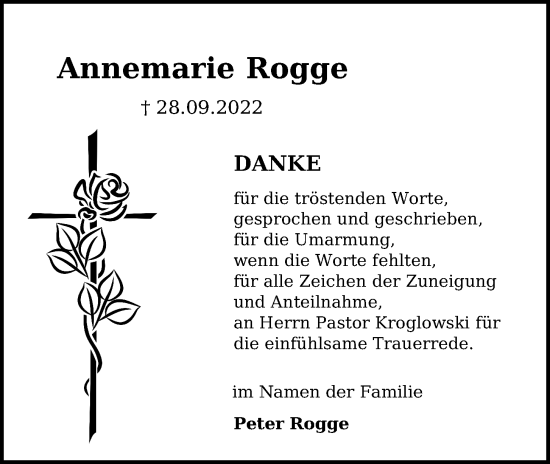 Traueranzeige von Annemarie Rogge von Kieler Nachrichten