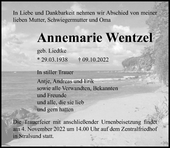 Traueranzeige von Annemarie Wentzel von Ostsee-Zeitung GmbH