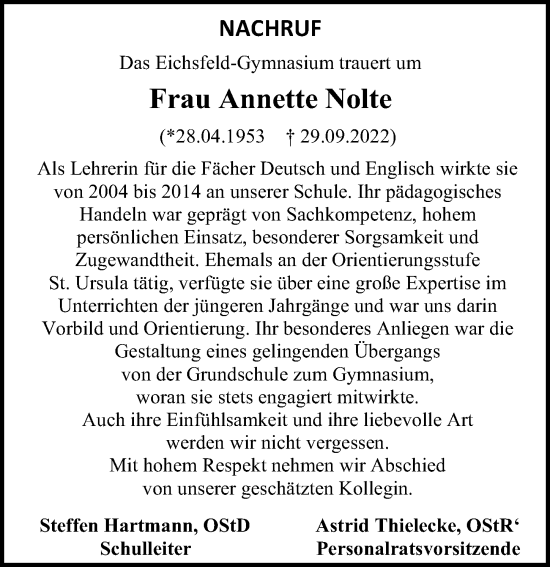 Traueranzeige von Annette Nolte von Eichsfelder Tageblatt