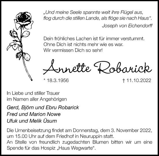 Traueranzeige von Annette Robarick von Märkischen Allgemeine Zeitung