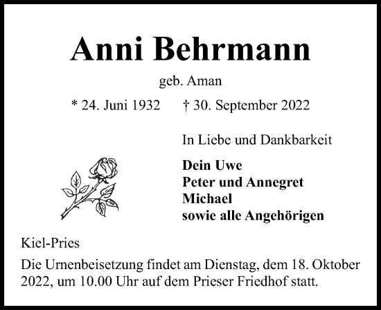 Traueranzeige von Anni Behrmann von Kieler Nachrichten