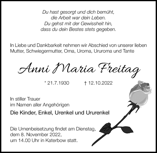 Traueranzeige von Anni Maria Freitag von Märkischen Allgemeine Zeitung